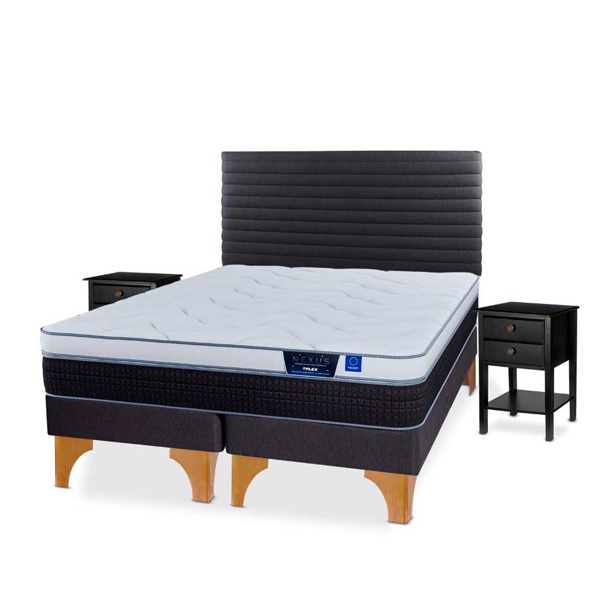 Cama Europea Flex 2 Plazas Nexus Base Dividida + Respaldo Modern Grafito + Veladores Rover