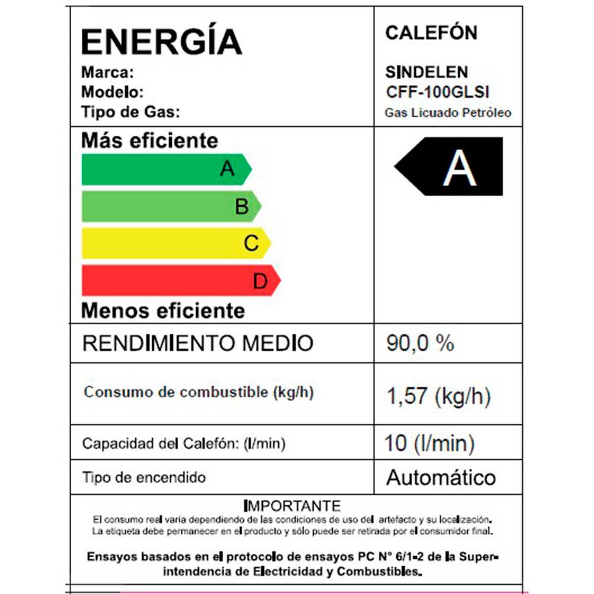 Calefont Gas Licuado Sindelen CFF-100GLSI 10 lt Tiro Forzado