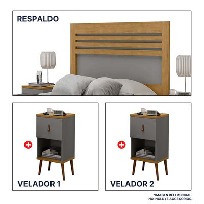 Respaldo + 2 Veladores Casanova 2 Plazas Naturale Gris