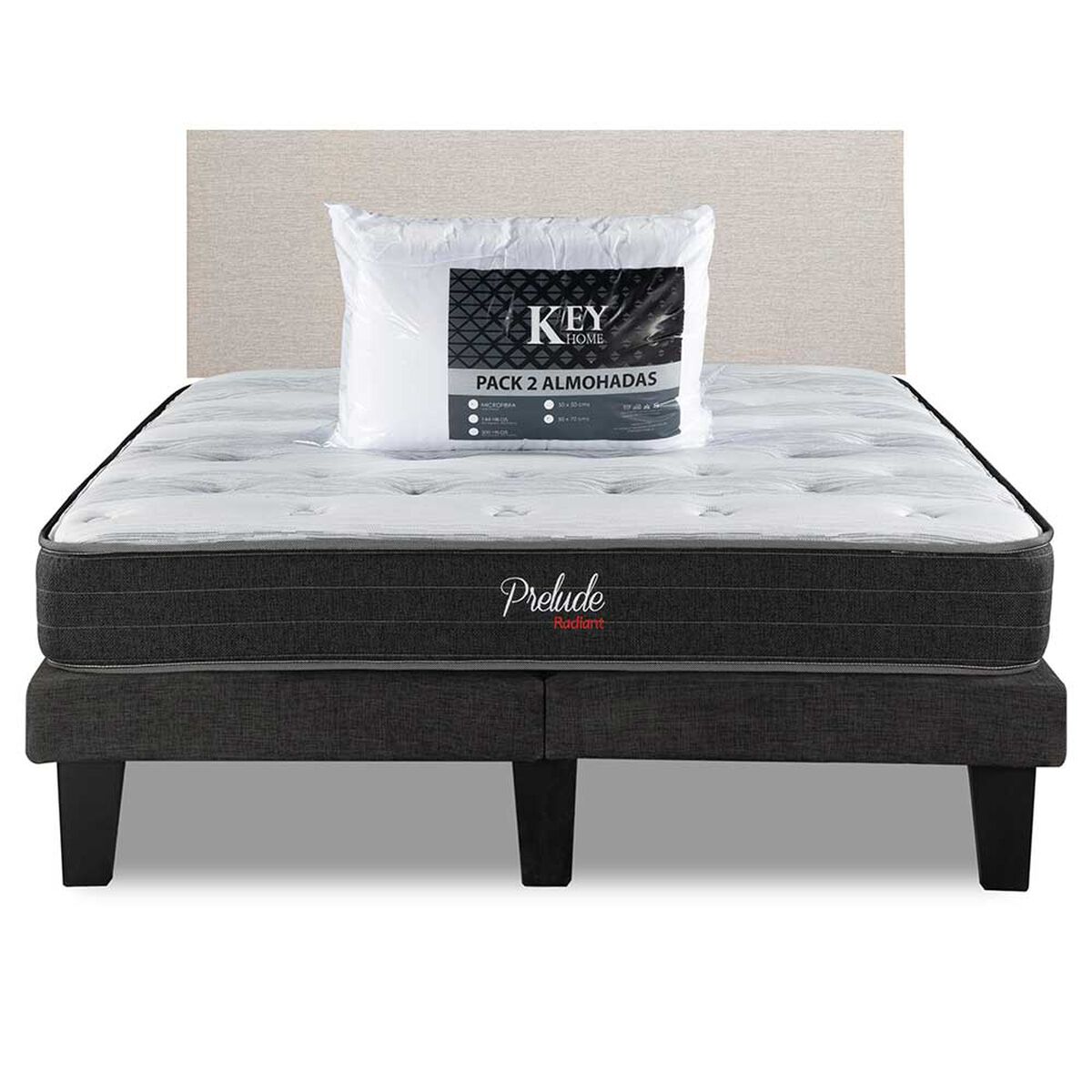 Combo Cama Europea Prelude Radiant 2 Plazas Normal + Respaldo Praga Arena + Pack Almohadas