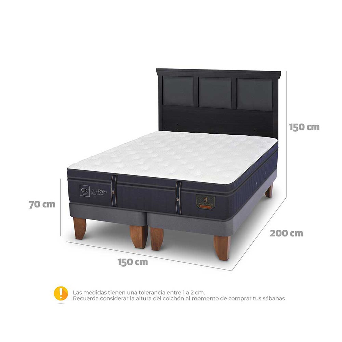 Cama Europea CIC Base Dividida 2 Plazas Grand Premium + Respaldo Torino Negro