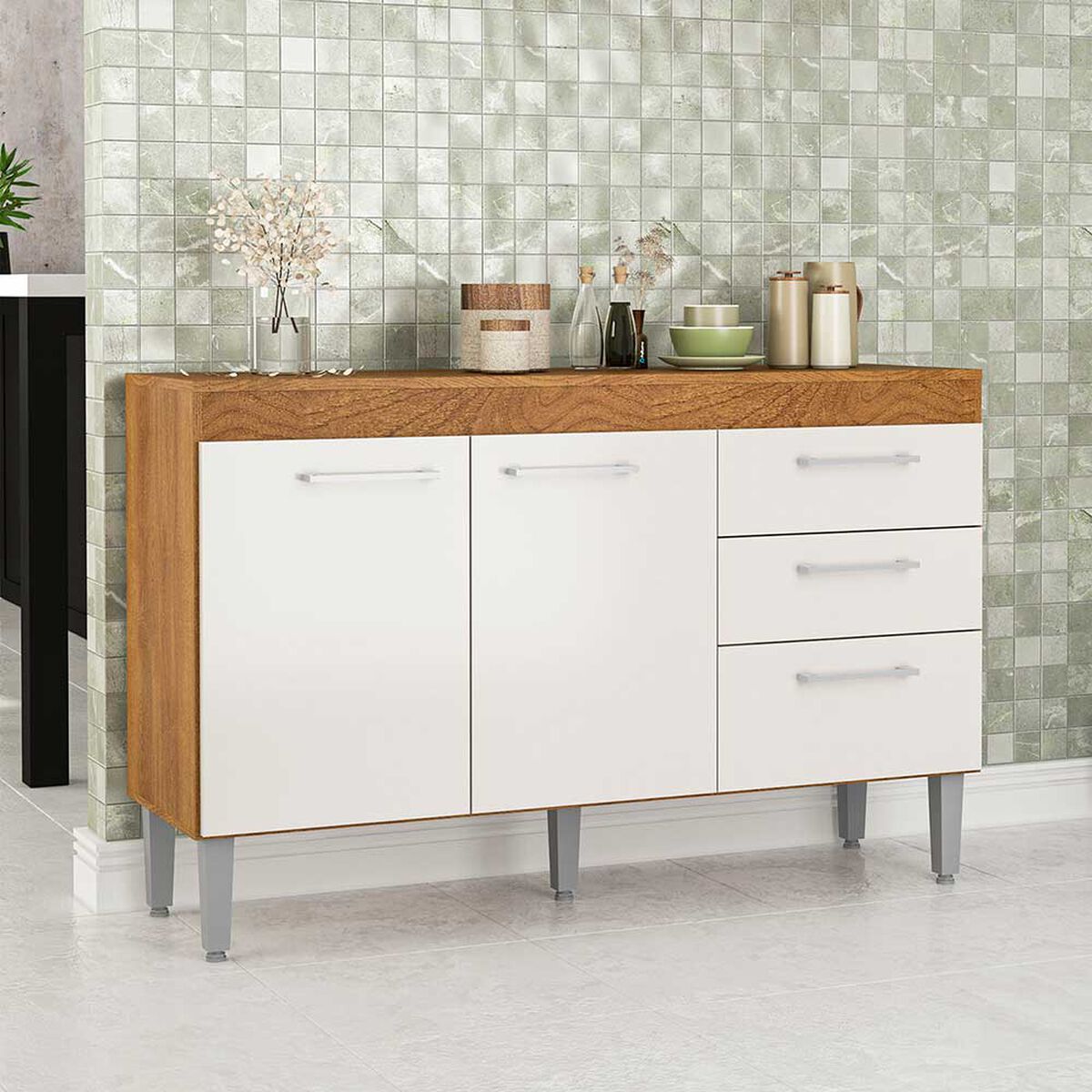 Mueble de Cocina Base Vekkahome Opie 2 Cajones 3 Puertas Blanco