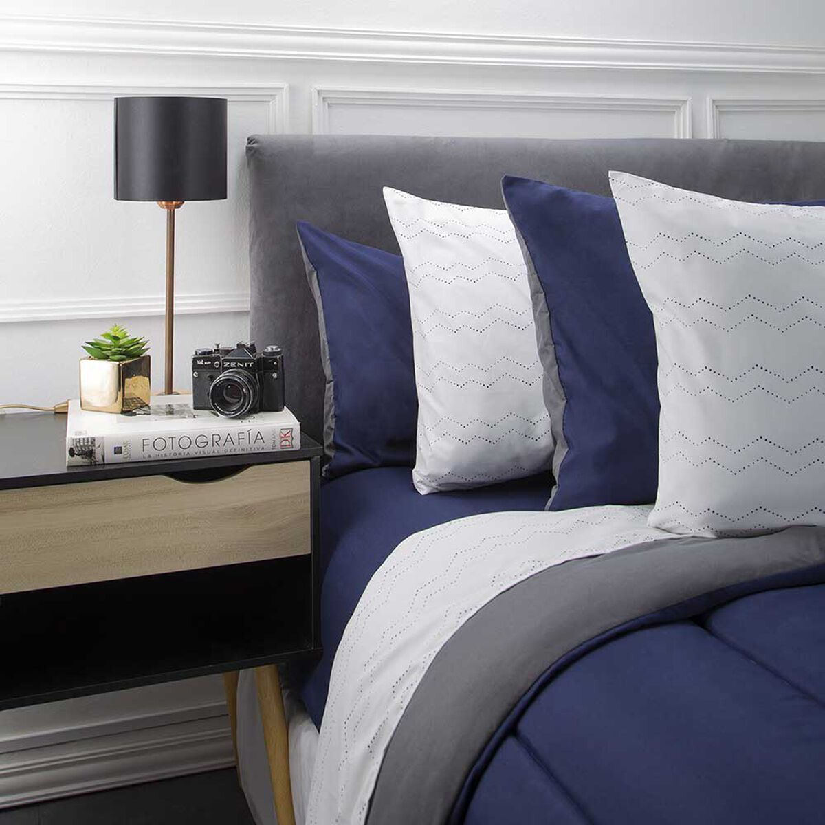 Set Plumón Bicolor + Juego de Sábanas Zibel 1,5 Plazas Liso Azul Gris