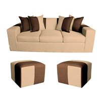 Sofá Muebles MYM Benjamin 3 Cuerpos + Dos Pouf 1 Cuerpo Beige Café