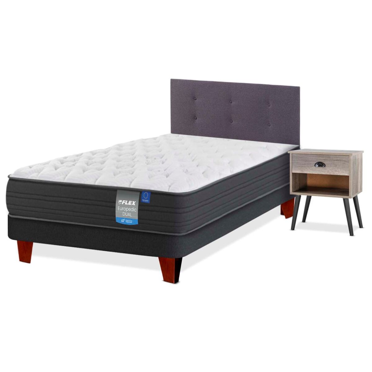 Cama Europea Europedic Dual 1,5 Plazas + Respaldo Royal Grafito + Velador Rock