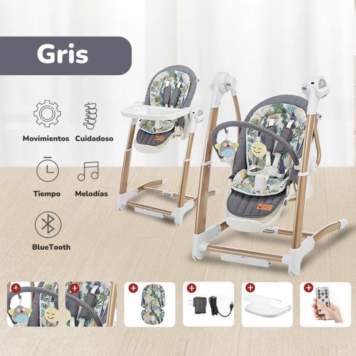 Silla de Comer y  Columpio Mecedor Lujoso Lubabycas Gris