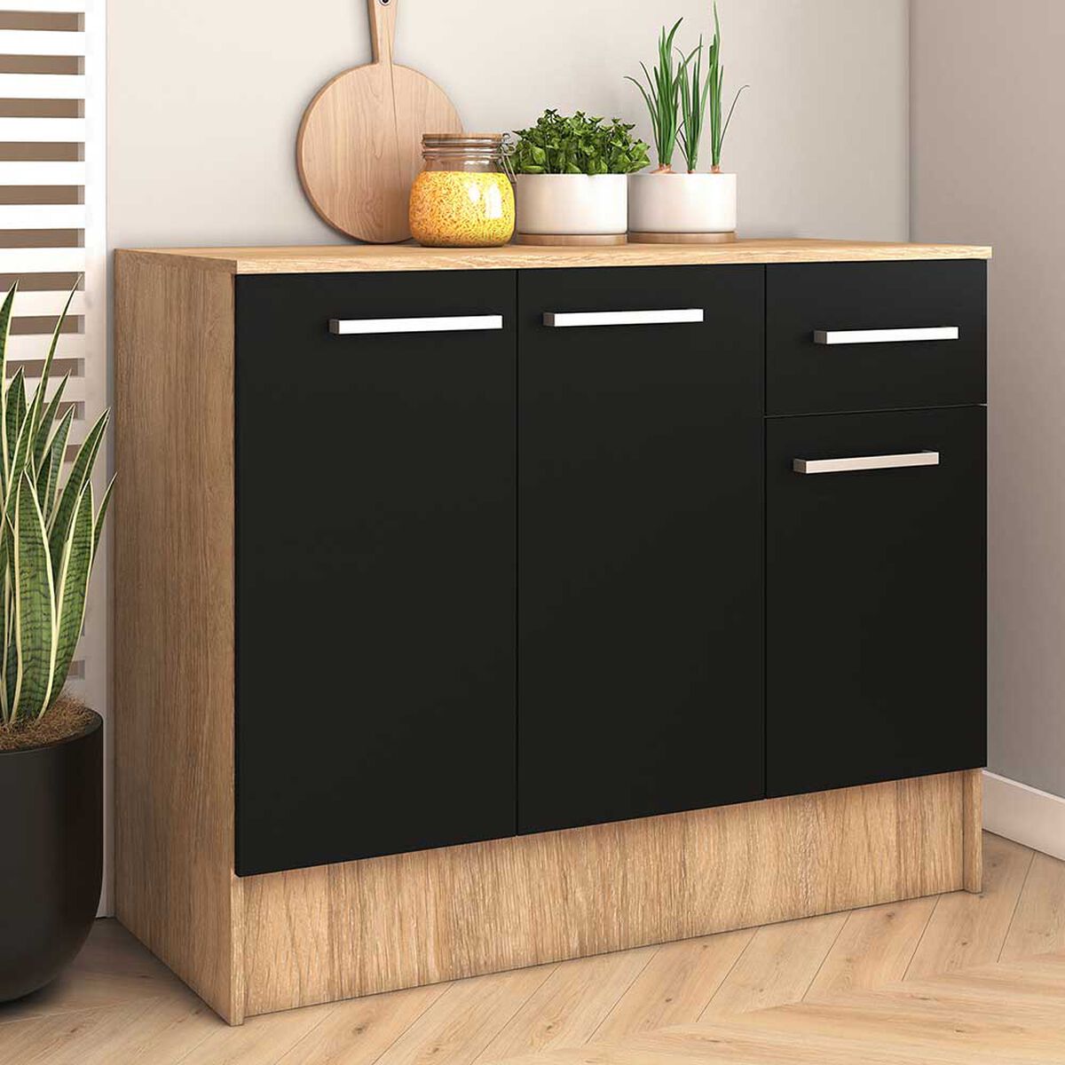 Mueble de Cocina Base Vekkahome Madri 1 Cajón 3 Puertas Negro Café
