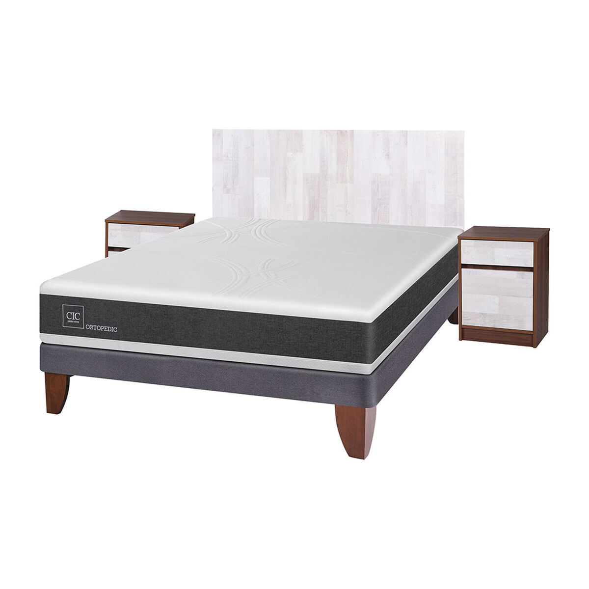 Cama Europea CIC 2 Plazas Ortopedic + Respaldo + 2 Veladores