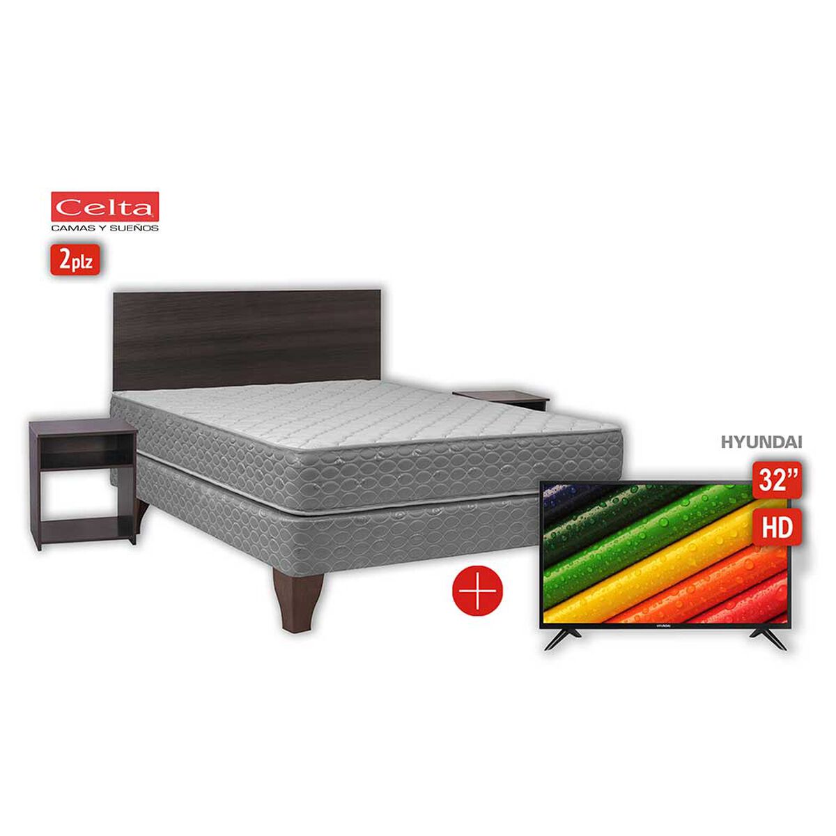 Combo Cama Europea Celta 2 Plazas New Atlantis + LED 32" Hyundai HD + Respaldo + 2 Veladores Castilla