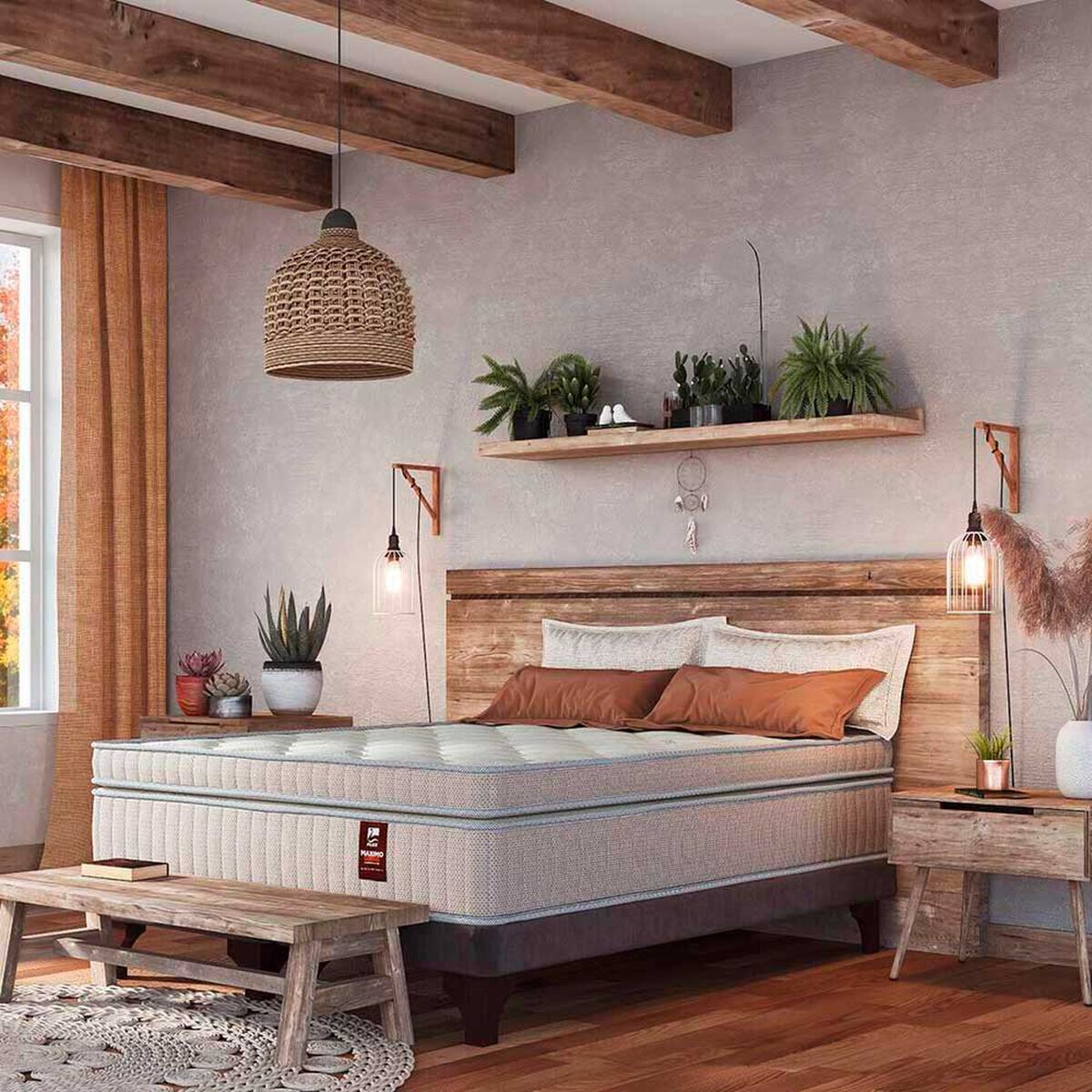 Cama Europea Flex Base Dividida King M&aacute;ximo Cobre + Respaldo Design Crudo