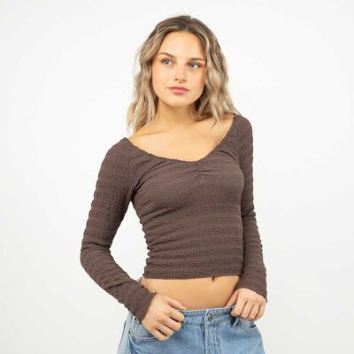 Polera Crop Manga Larga Mujer Icono Cafe