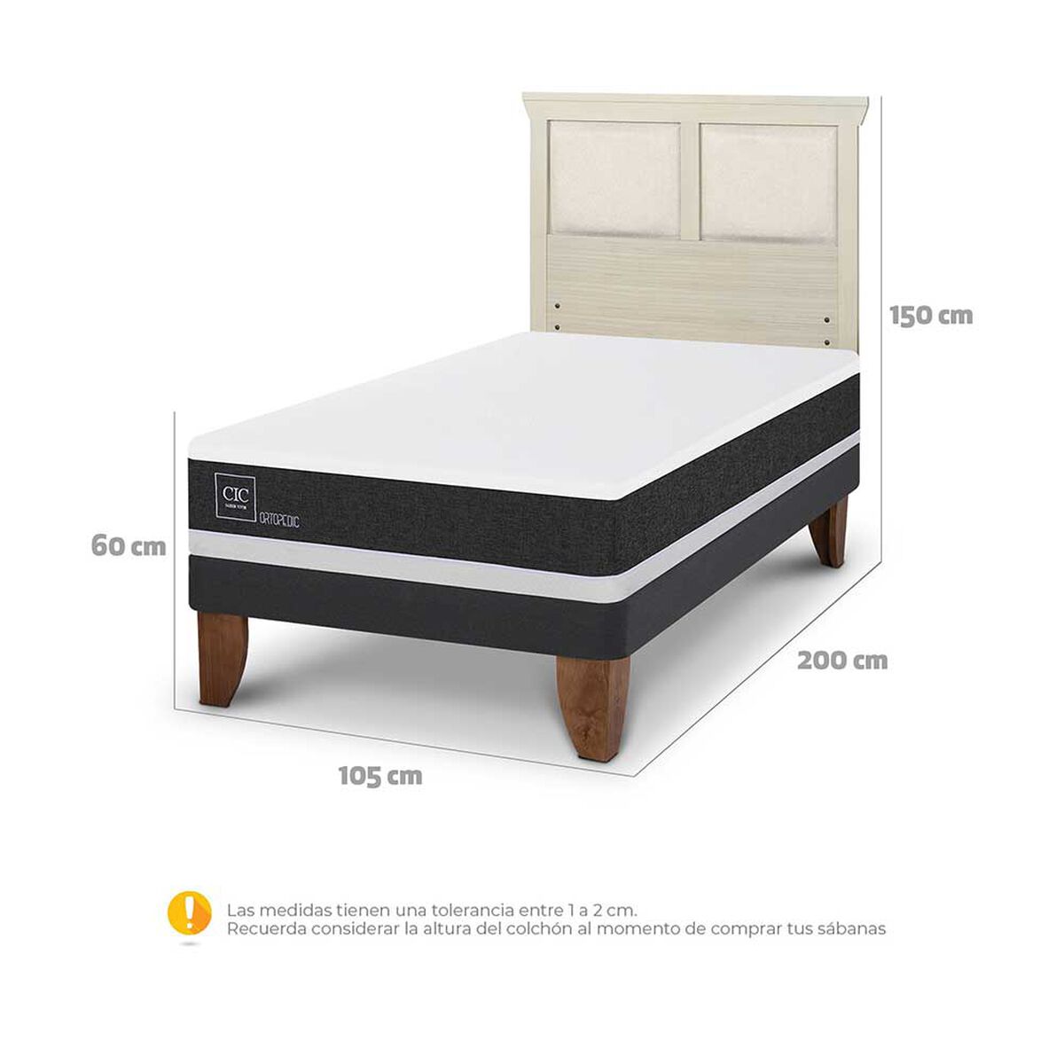 Cama Europea CIC 1,5 Plazas Ortopedic + Respaldo Torino Alpino