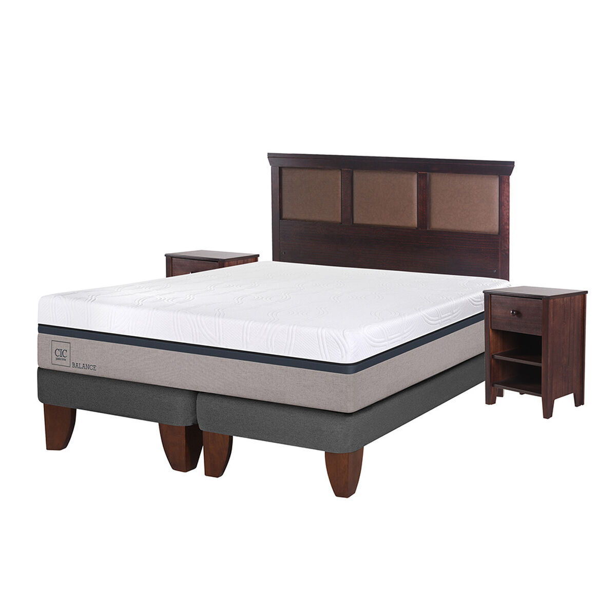 Cama Europea CIC Base Dividida 2 Plazas Balance + Respaldo + 2 Veladores New Torino Chocolate