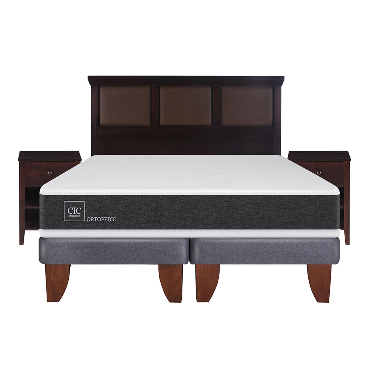 Cama Europea CIC Base Dividida 2 Plazas Ortopedic + Respaldo + 2 Veladores Torino Chocolate