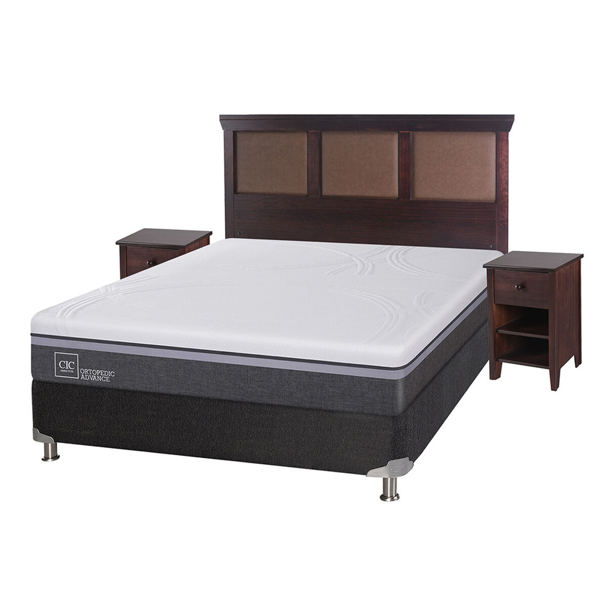Box Spring CIC 2 Plazas Ortopedic Advance + Respaldo + 2 Veladores New Torino
