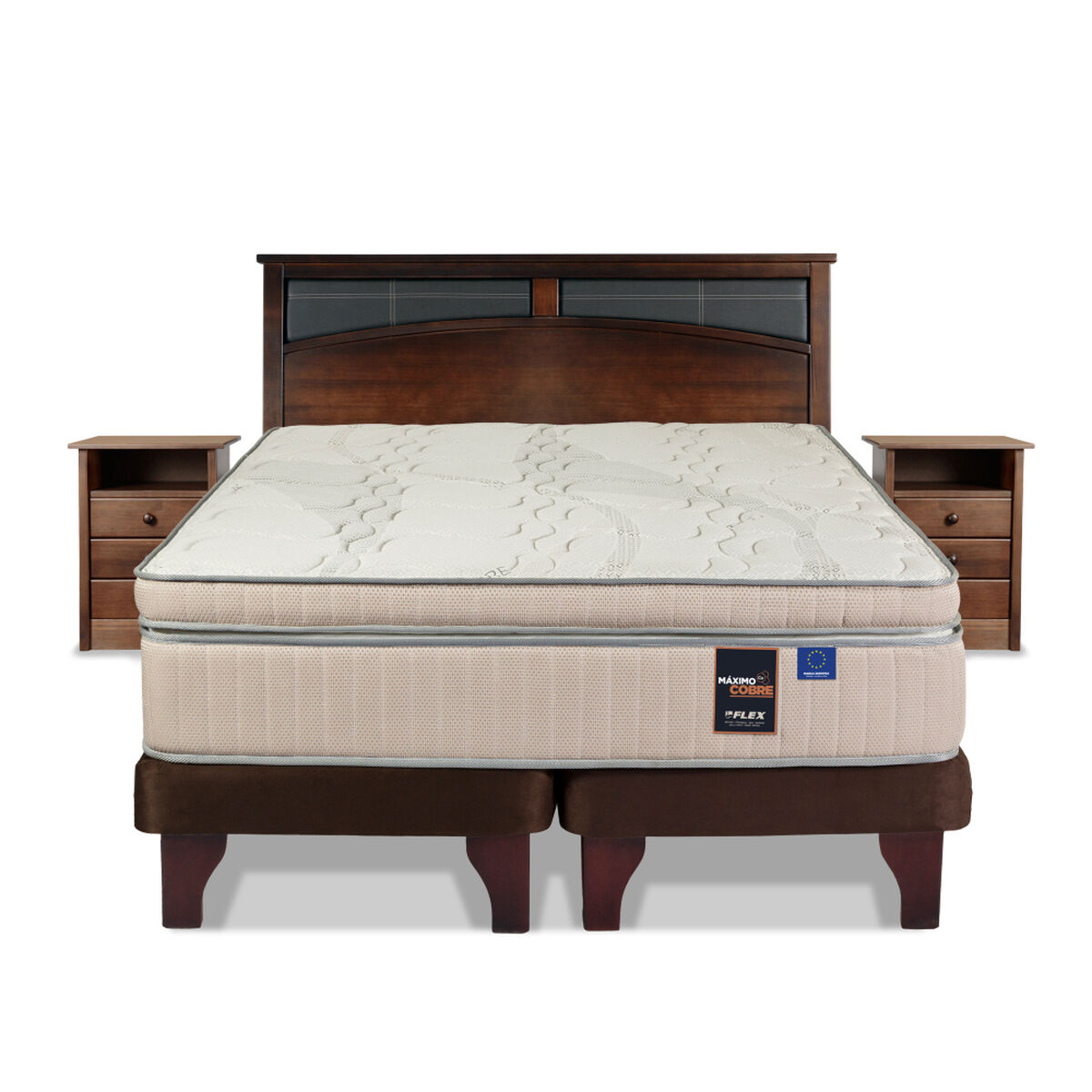 Cama Europea Flex Base Dividida King Máximo Cobre  + Respaldo + 2 Veladores Castell