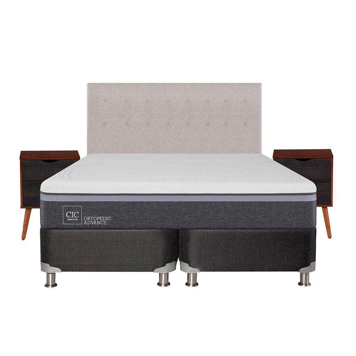 Box Spring CIC Base Dividida King Ortopedic Advance + Respaldo + 2 Veladores Tigris