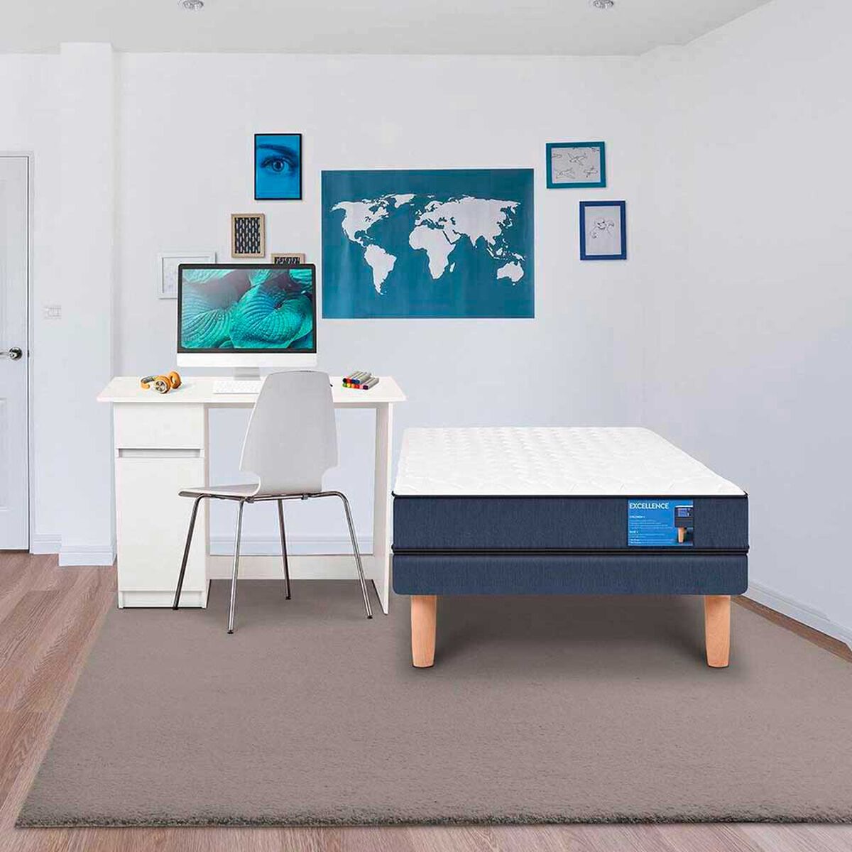 Combo Cama Europea CIC 1 Plaza Excellence Plus + Escritorio New Blanco 1 Puerta 1 Caj&oacute;n