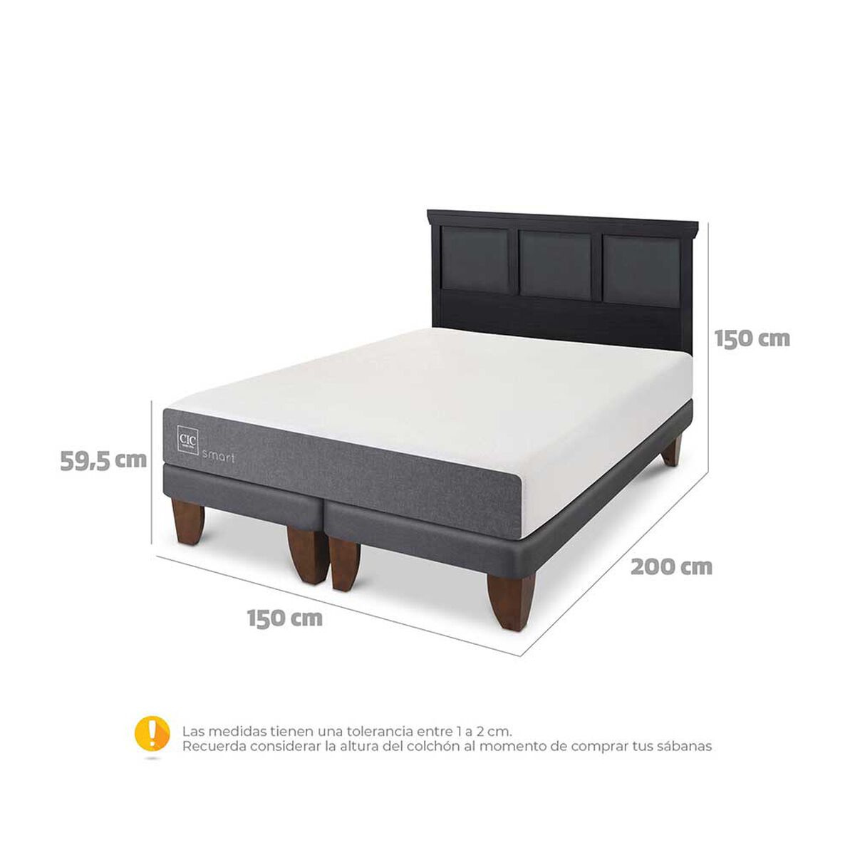 Cama Europea CIC Base Dividida 2 Plazas Smart + Respaldo Torino Negro