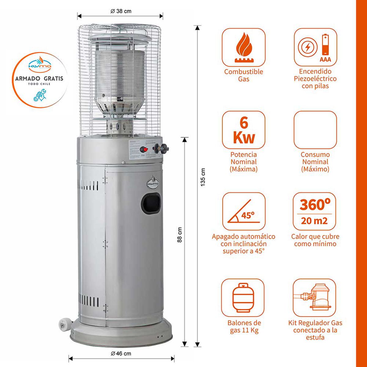 Estufa a Gas Exterior Terraza Klyma Cildro LW Inox 1,35 mts.