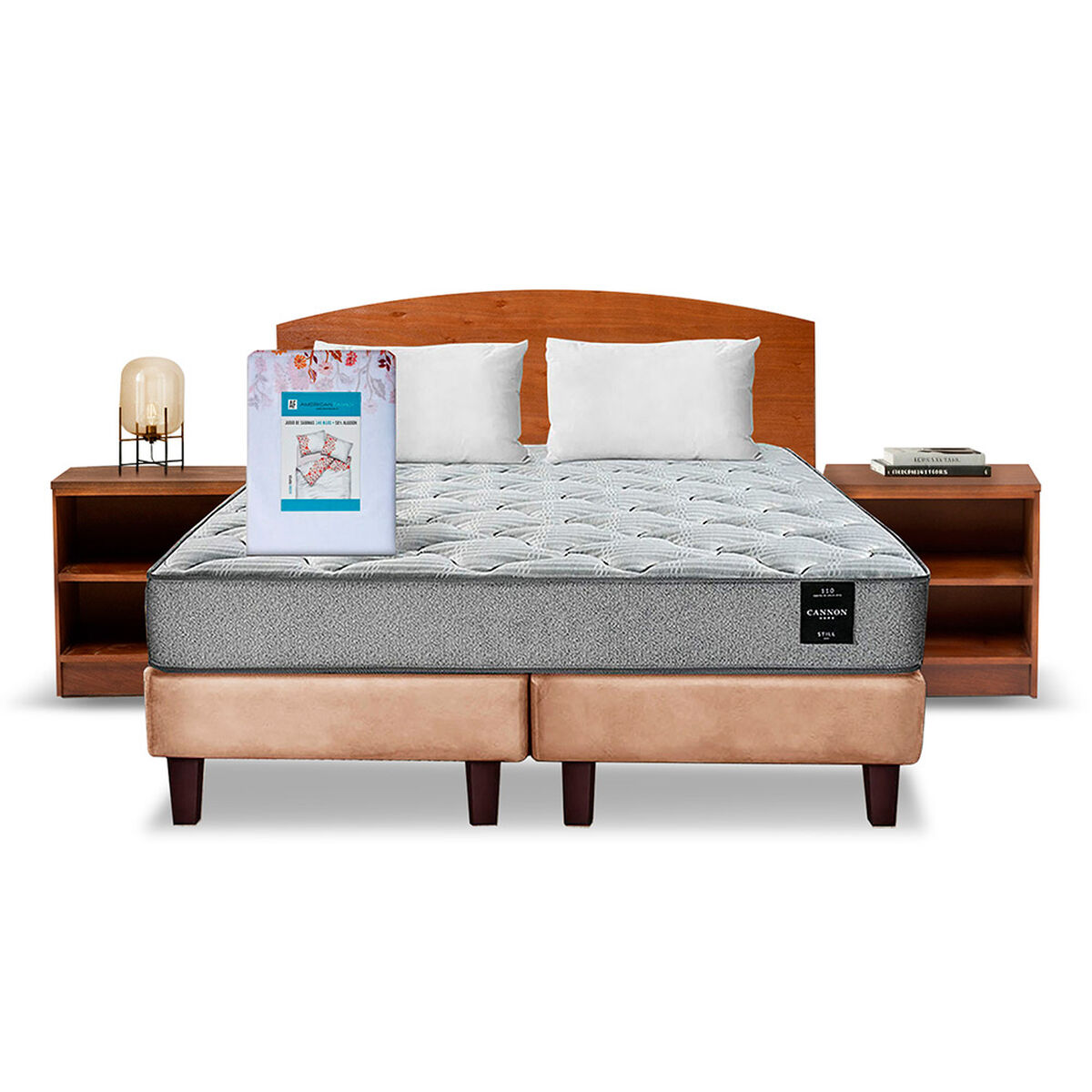 Combo Cama Europea Latam Home 2 Plazas Cannon BD Tela Beige + Textil + Respaldo + 2 Veladores Atlas