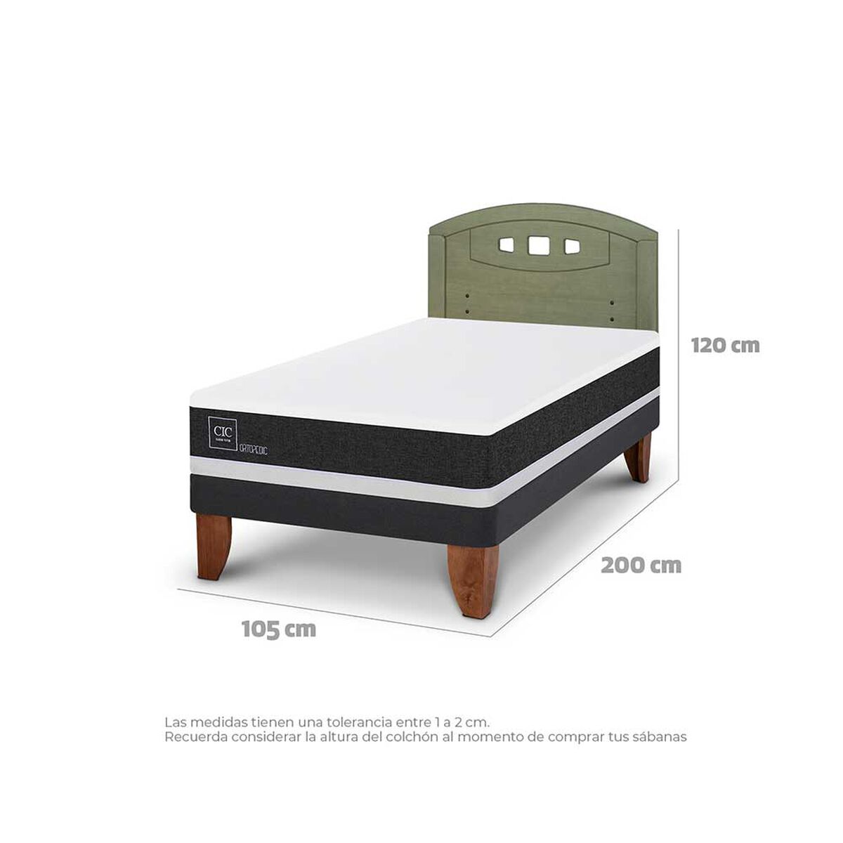 Cama Europea CIC 1,5 Plazas Ortopedic + Respaldo Gales Olivo