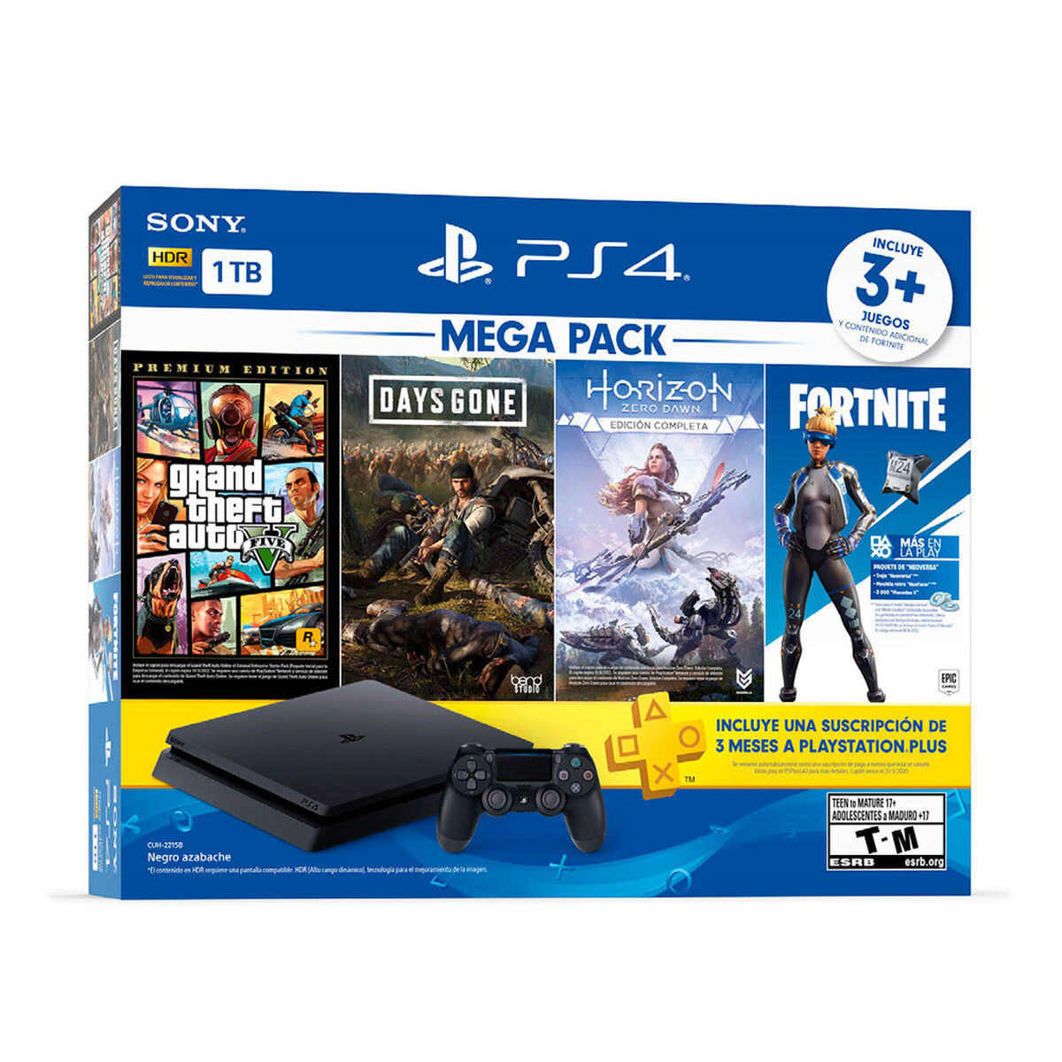 Bundle Mega Pack PS4 Slim 1TB + Control Dualshock4 + 3 Juegos + Cupón Fortnite Voucher
