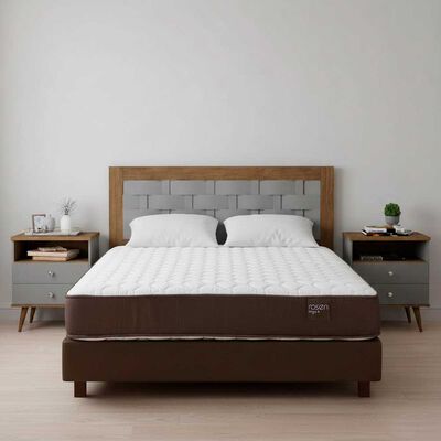 Combo Cama Europea Rosen 2 Plazas Ergo T + Respaldo + 2 Veladores Dreams 2 Plazas Treliza Gris + Pack Almohadas Celta Imperial Soft Blanco 65 x 45 cm