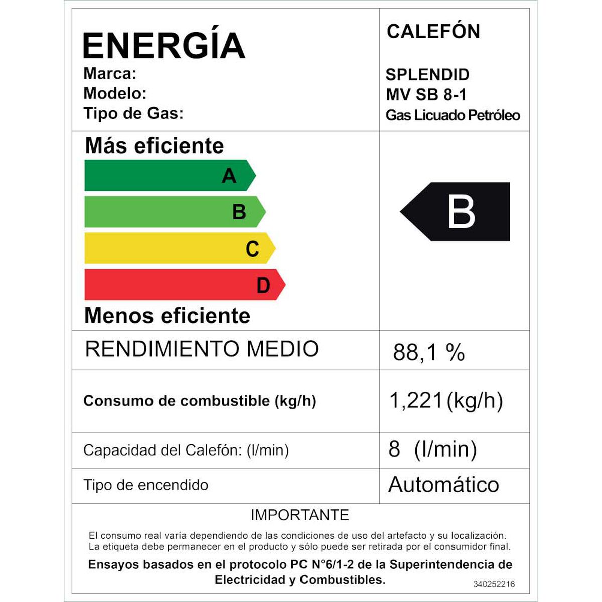Calefont 8 litros Gas licuado Tiro natural Splendid