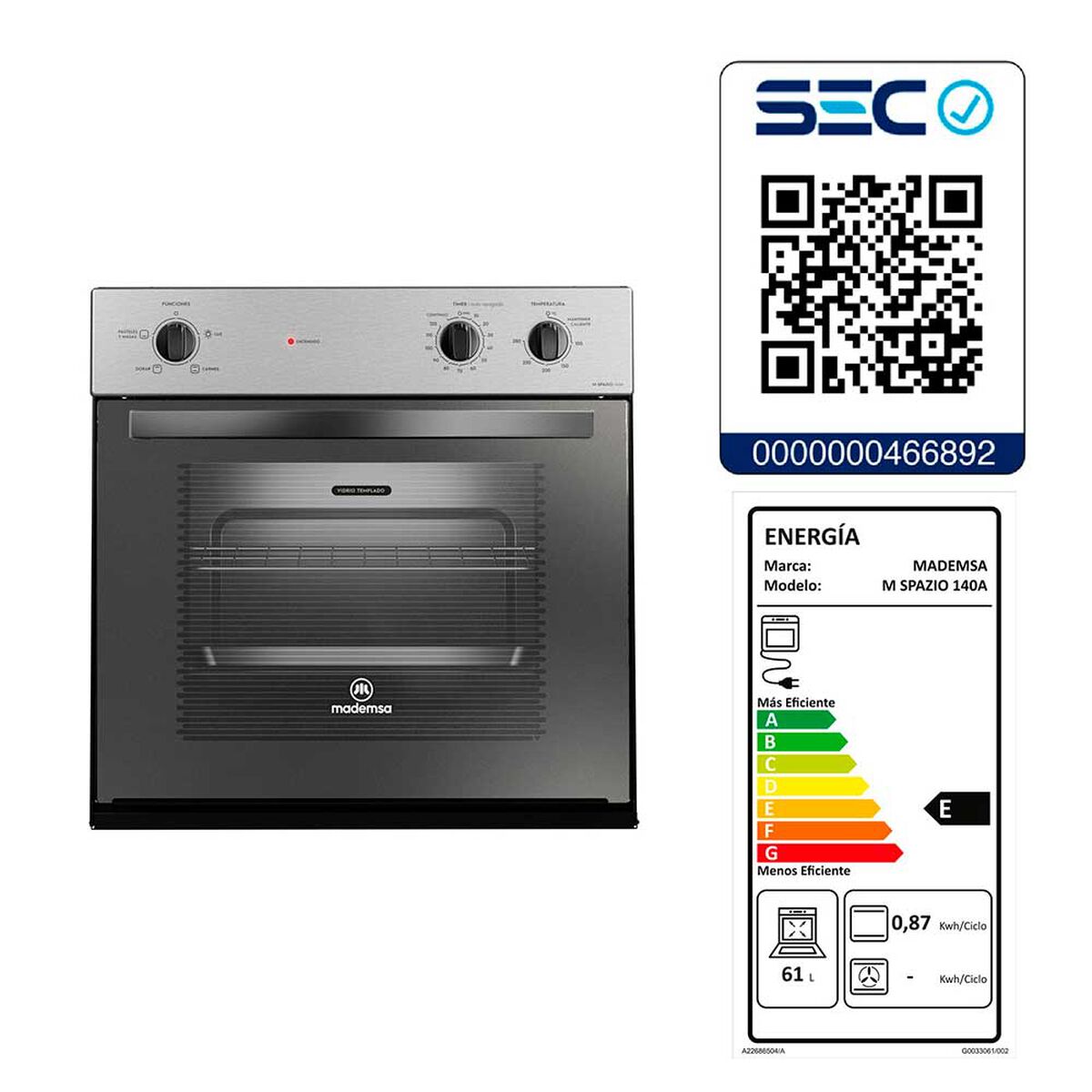 Horno Empotrado Mademsa M SPAZIO140 A 66 lts.