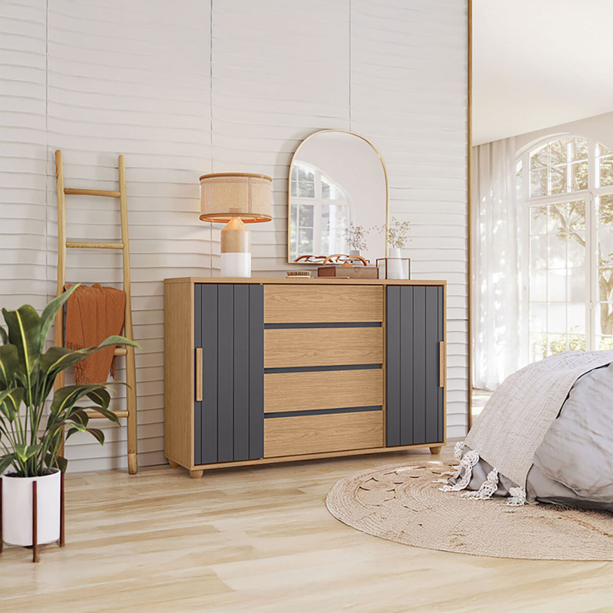 Cómoda Vekkahome Evidenza 4 Cajones 2 Puertas Café y Negro