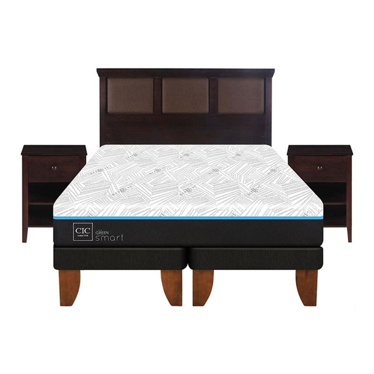 Cama Europea CIC Green Infinity 2 Plazas + 1 Respaldo + 2 Veladores Torino Choc
