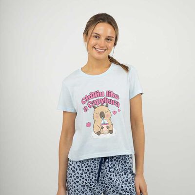 Polera de Pijama Con Estampado Manga Corta Mujer Icono Celeste