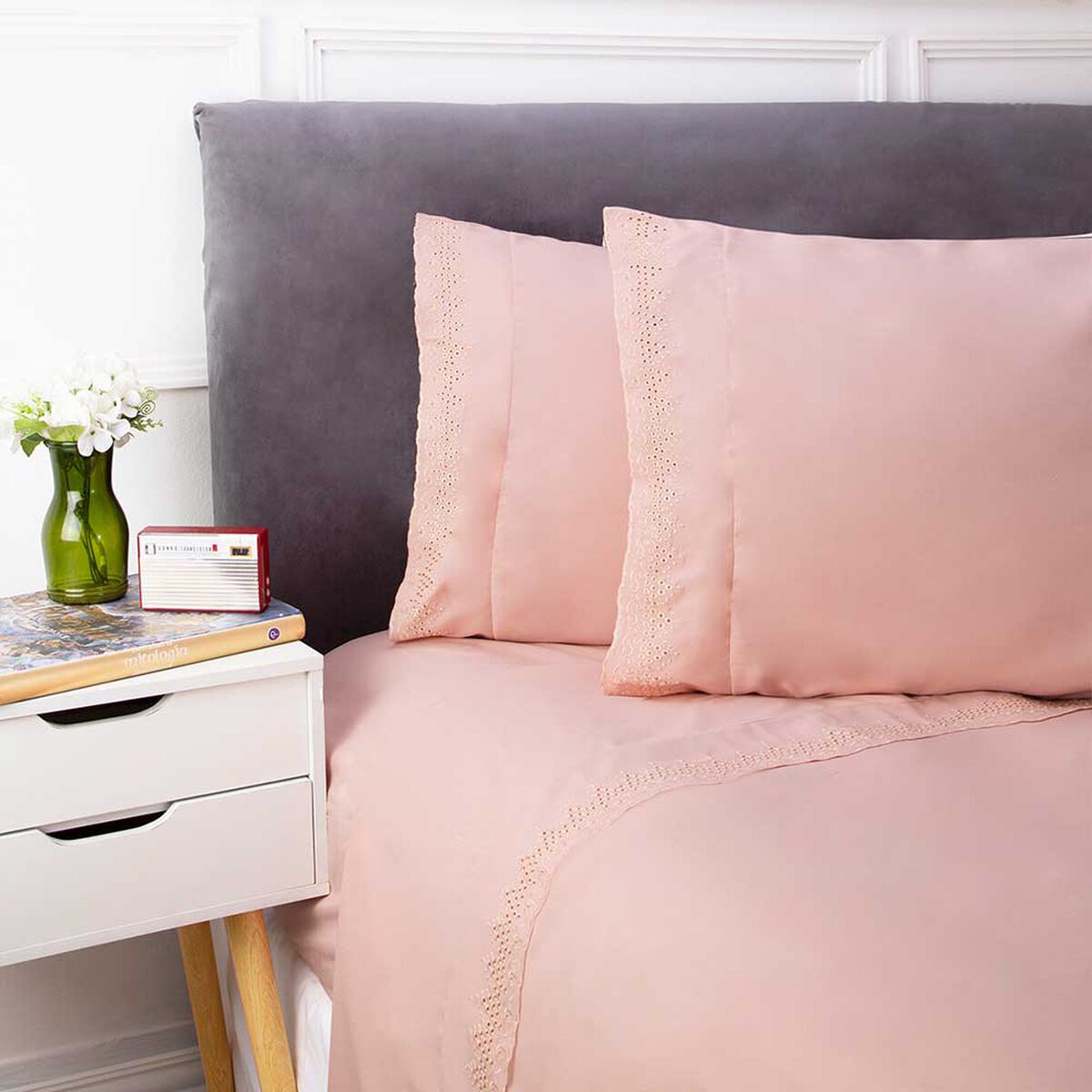 Juego de Sábanas Broderie Dreams 1,5 Plazas Liso Rosa