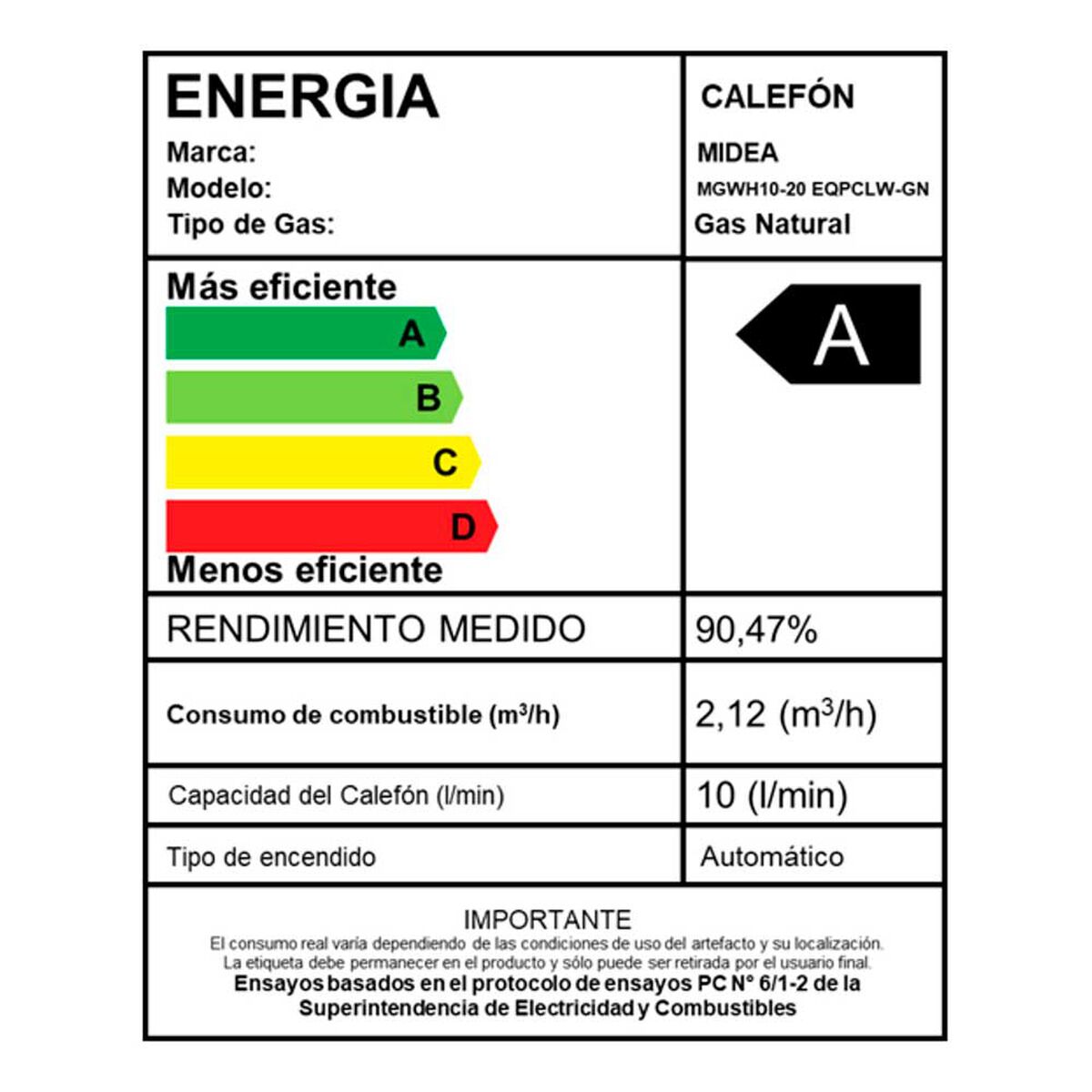Calefont Gas Natural Midea MGWH10-20EQPCLW-GN Tiro Forzado 10 lts.