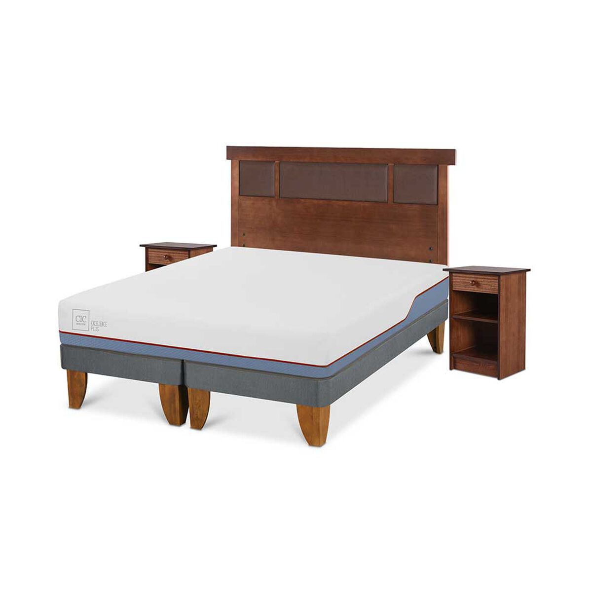 Cama Europea CIC Base Dividida 2 Plazas Excellence Plus + Respaldo + 2 Veladores New Dublin Caramel