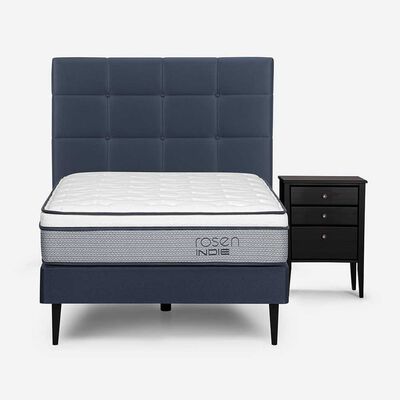 Cama Europea Rosen 1,5 Plazas Indie + Respaldo + Velador Issey Azul