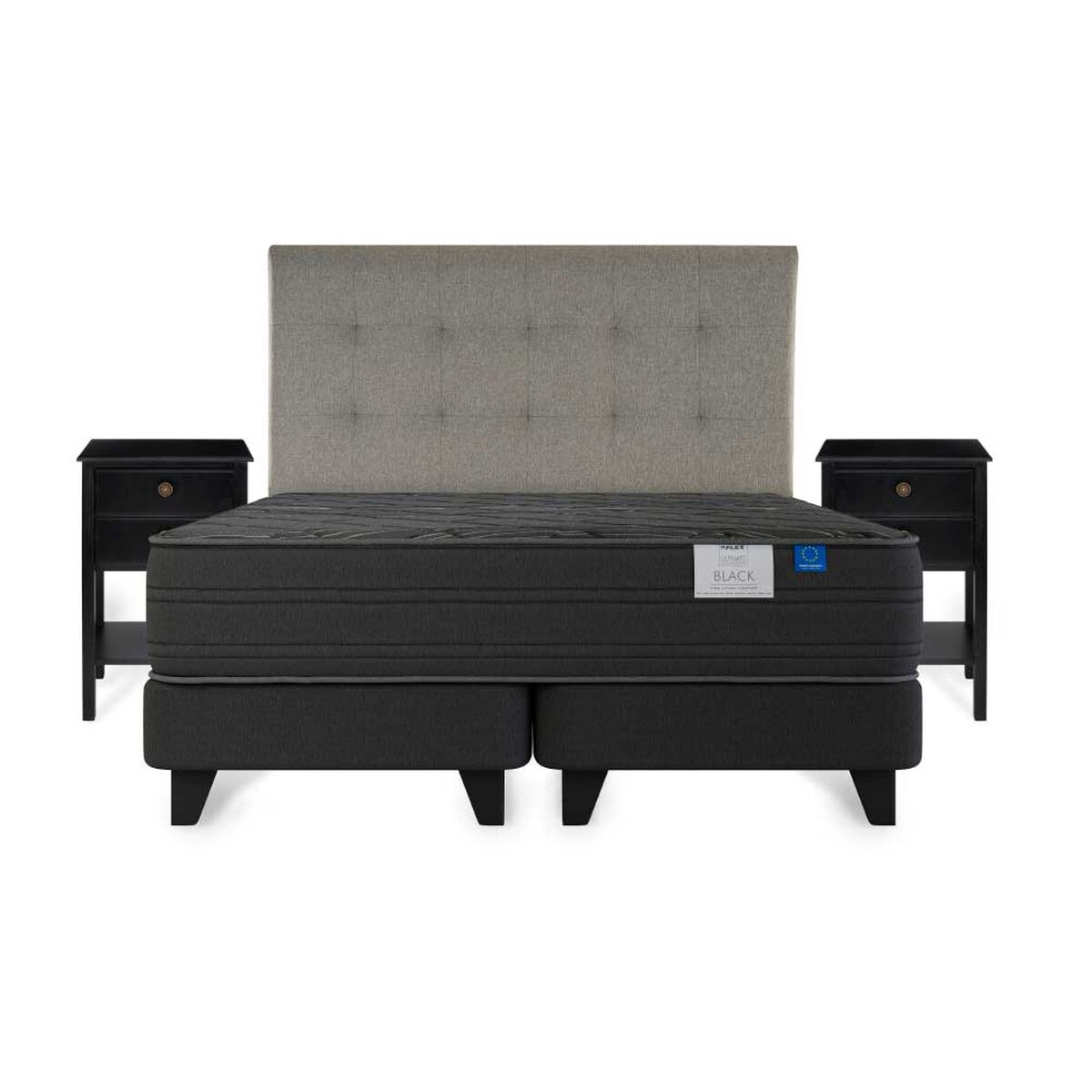Cama Europea Flex Base Dividida King Black + Respaldo Design Gris + 2 Veladores Rover