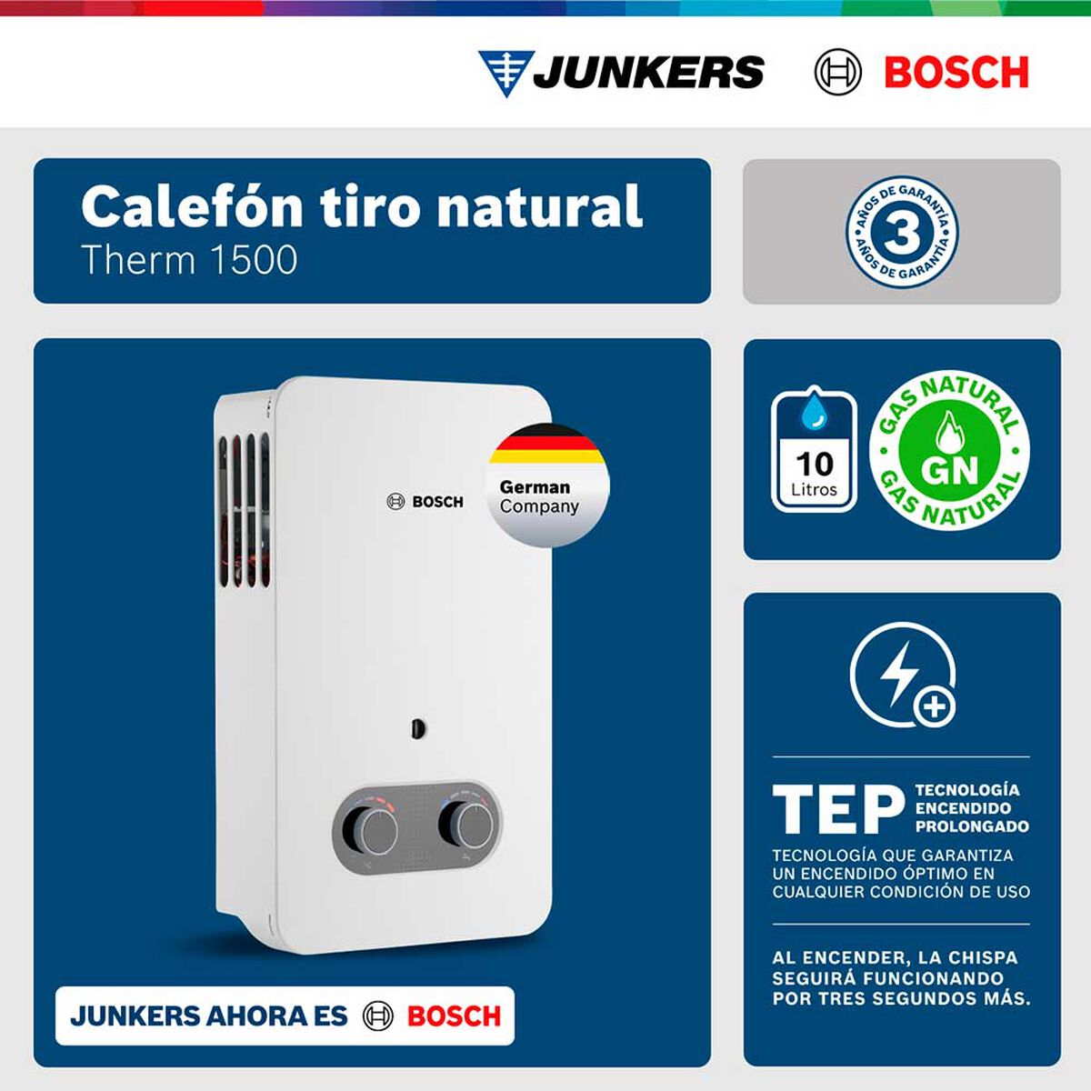 Calef&oacute;n 10 litros gas natural tiro natural Junkers Bosch Therm 1500