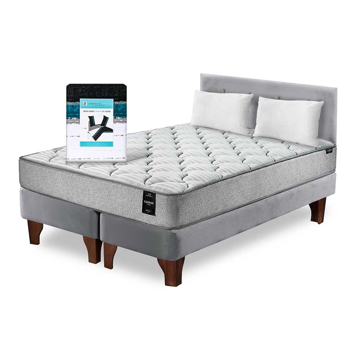 Cama Europea Latam Home Base Dividida 2 Plazas Cannon  + 2 Almohadas + Sábanas + Respaldo Tela Gris