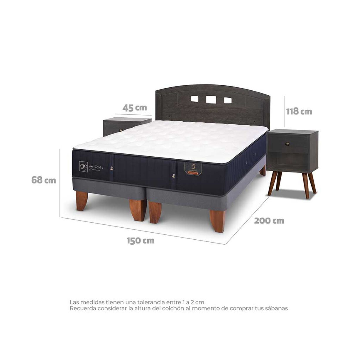 Cama Europea CIC Base Dividida 2 Plazas Premium + Respaldo + 2 Veladores Gales