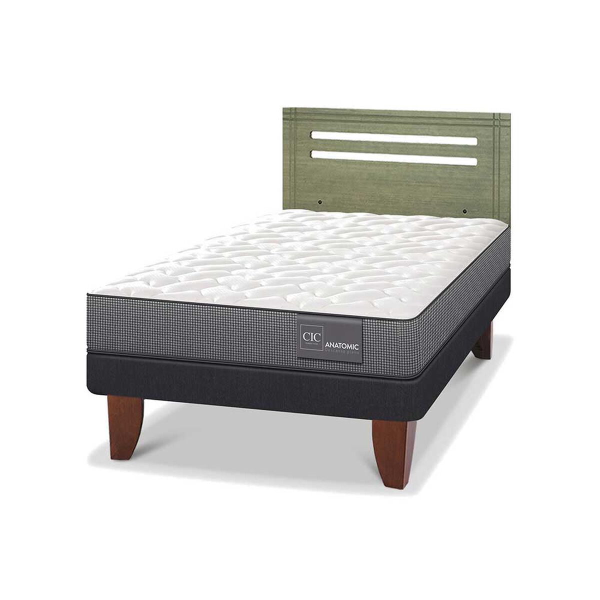 Cama Europea CIC 1,5 Plazas Anatomic + Respaldo Munich Olivo