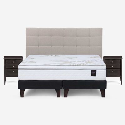 Cama Europea Rosen Base Dividida King Art 4 + Respaldo + 2 Veladores Niebla