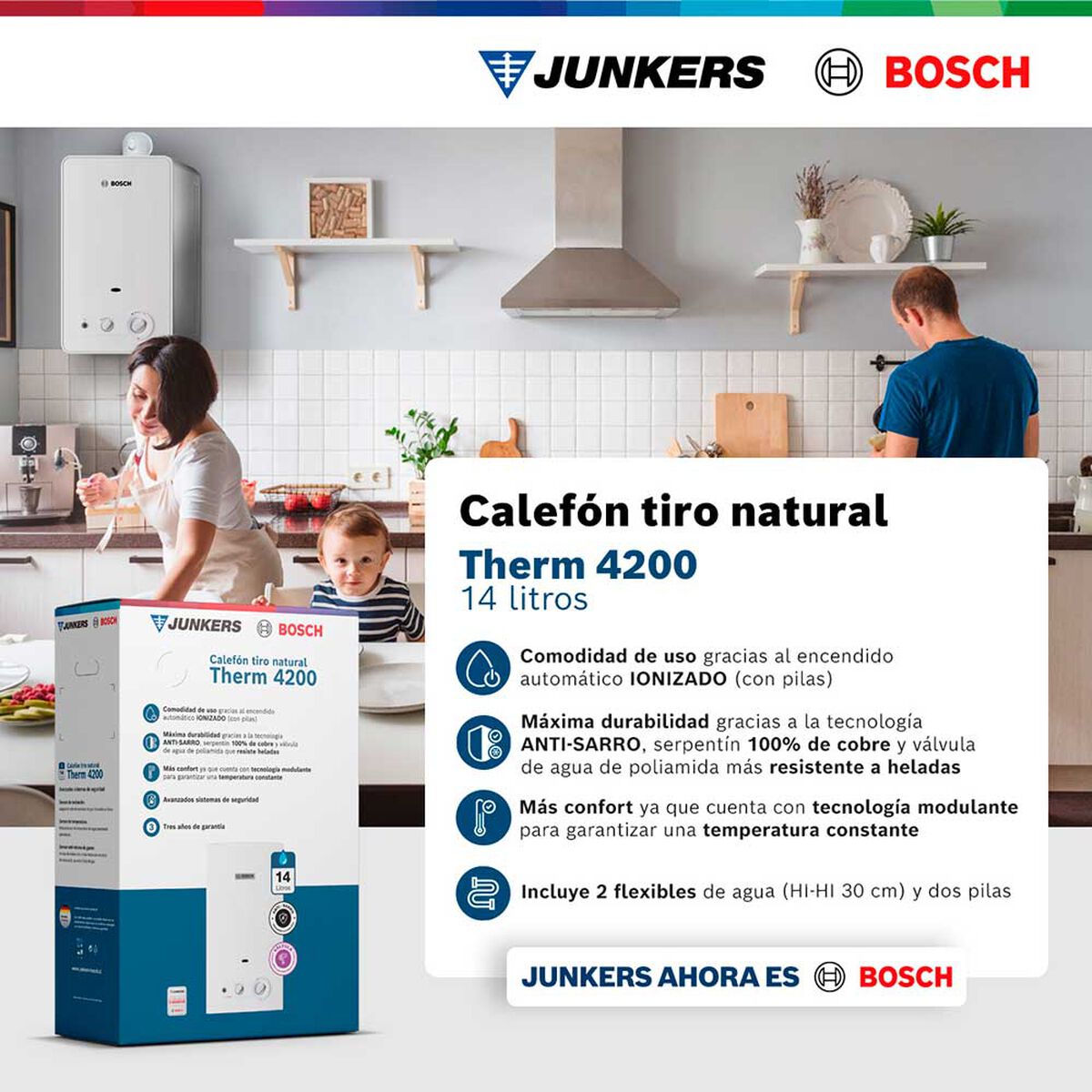 Calef&oacute;n 14 litros gas licuado tiro natural Junkers Bosch Therm 4200