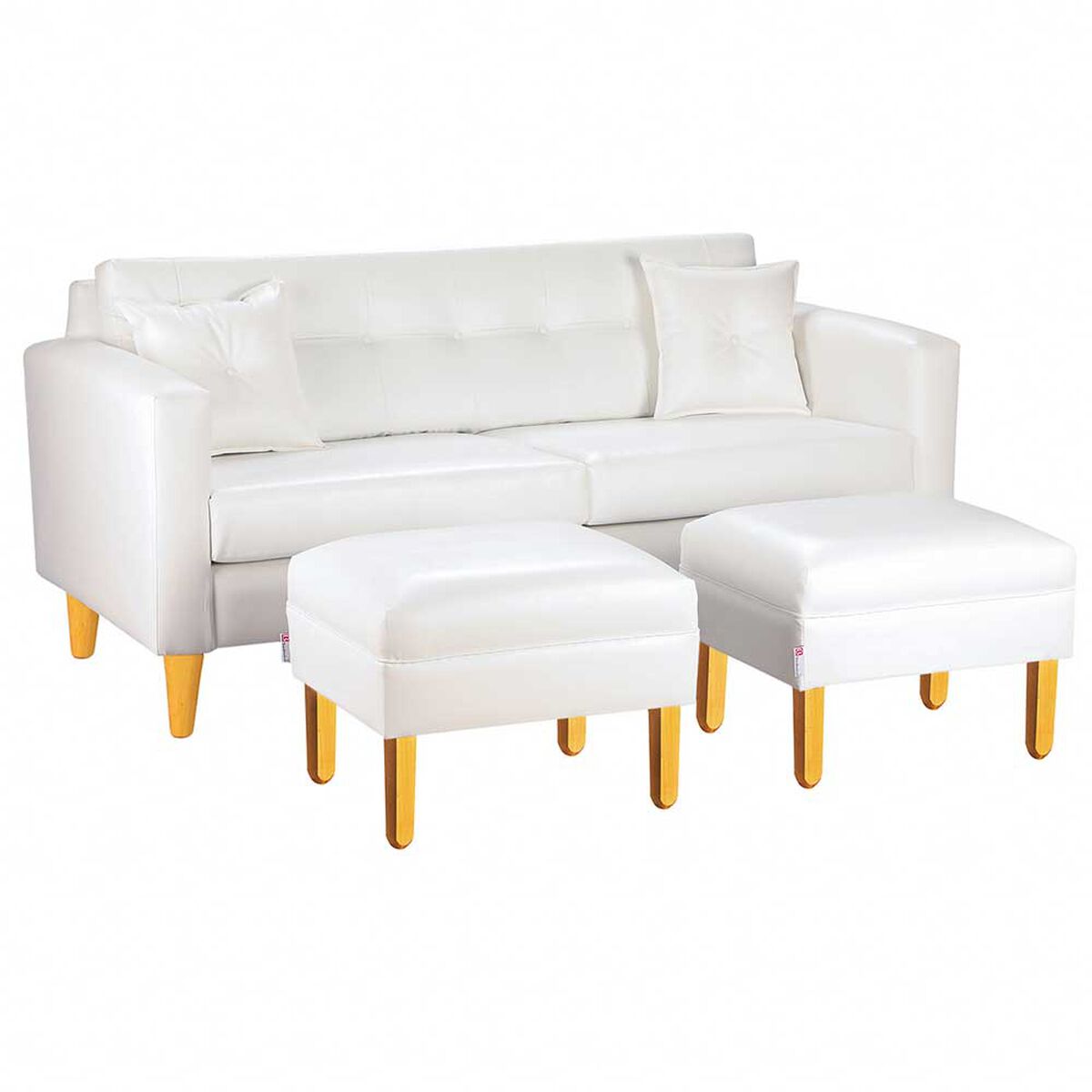 Juego de Living Bodevir New Retro PU 04 Sofá 3 Cuerpos + Dos Pouf 1 Cuerpo Blanco 