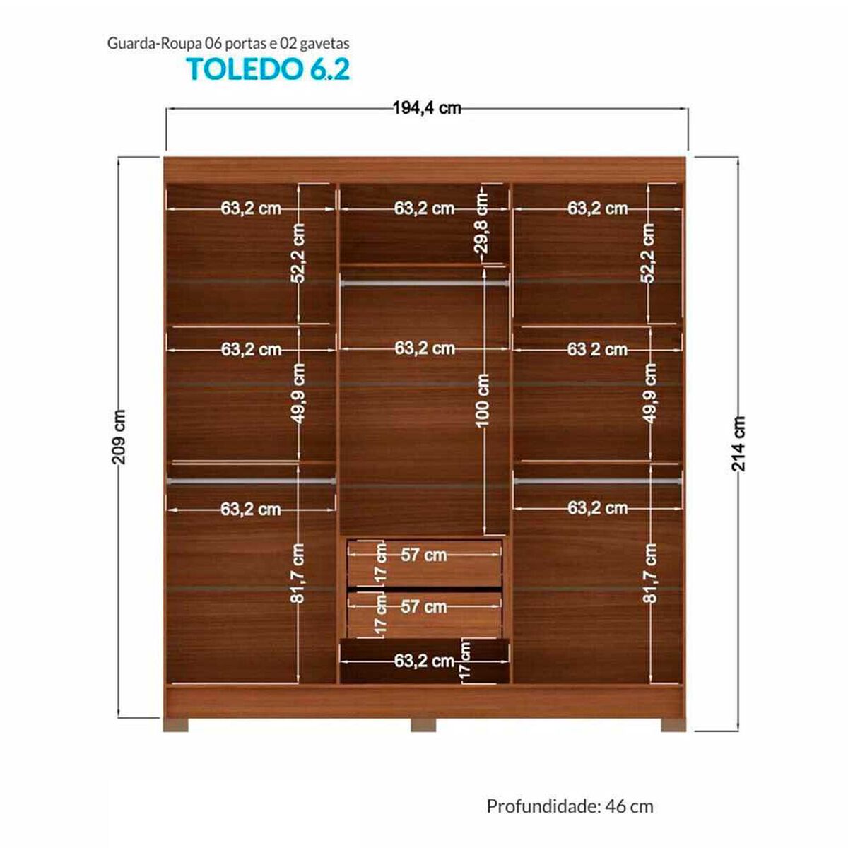 Cl&oacute;set Onessta Toledo 6 Puertas 2 Cajones Jatoba