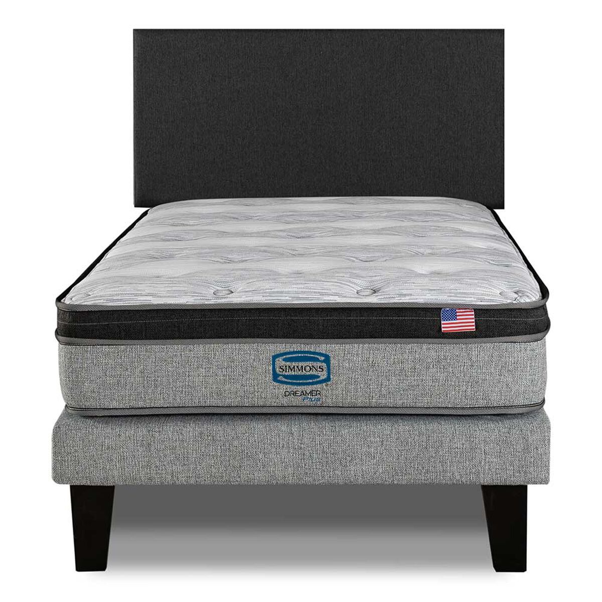 Cama Europea Simmons 1,5 Plazas Dreamer Plazasus Box + Respaldo Praga Marengo