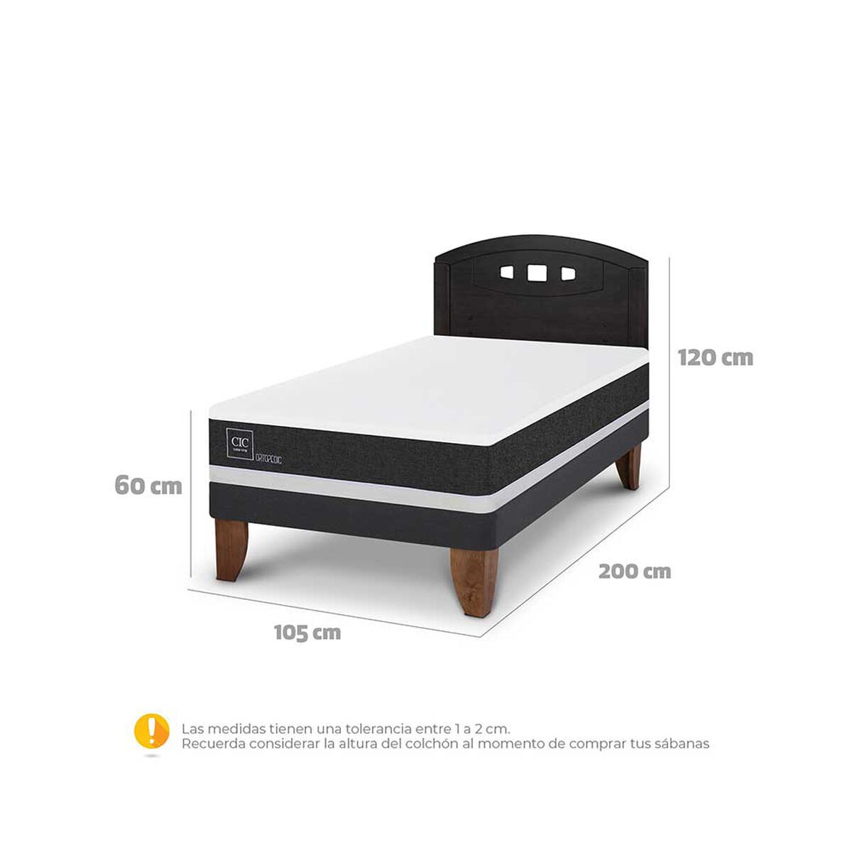 Cama Europea CIC 1,5 Plazas Ortopedic + Respaldo Gales Negro