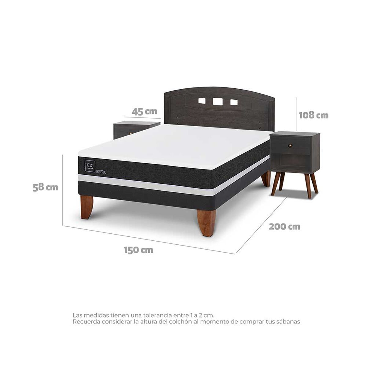 Cama Europea CIC 2 Plazas Ortopedic + Respaldo + 2 Veladores Gales