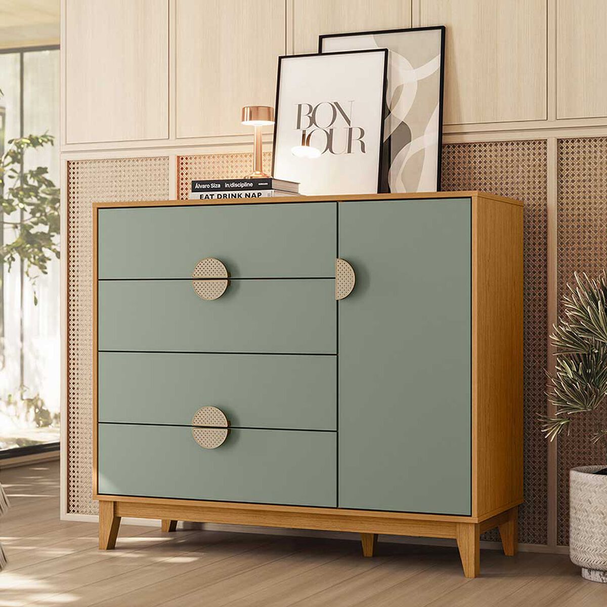 Cómoda Vekkahome Ipe 4 Cajones 1 Puerta Café Verde